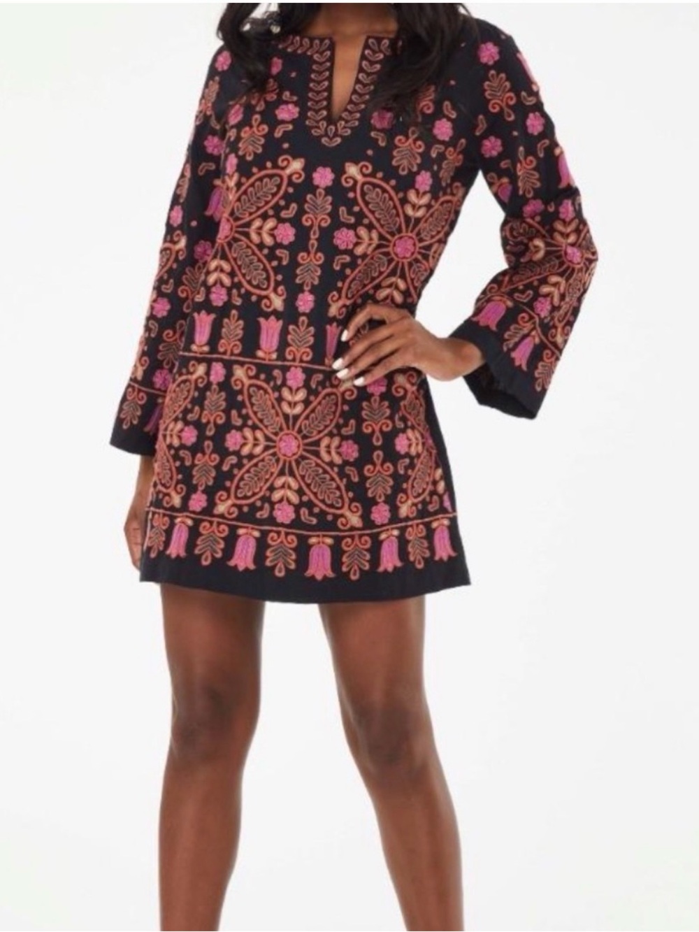Roller Rabbit Black Embroidered Cotton Boho Mini Dress XS Floral Tunic Resort